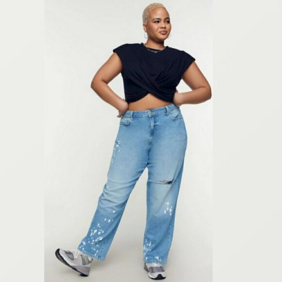 FOREVER 21 Premium Distressed Straight Slouchy Jeans Bleach Dye Paint Splatter - Picture 3 of 9